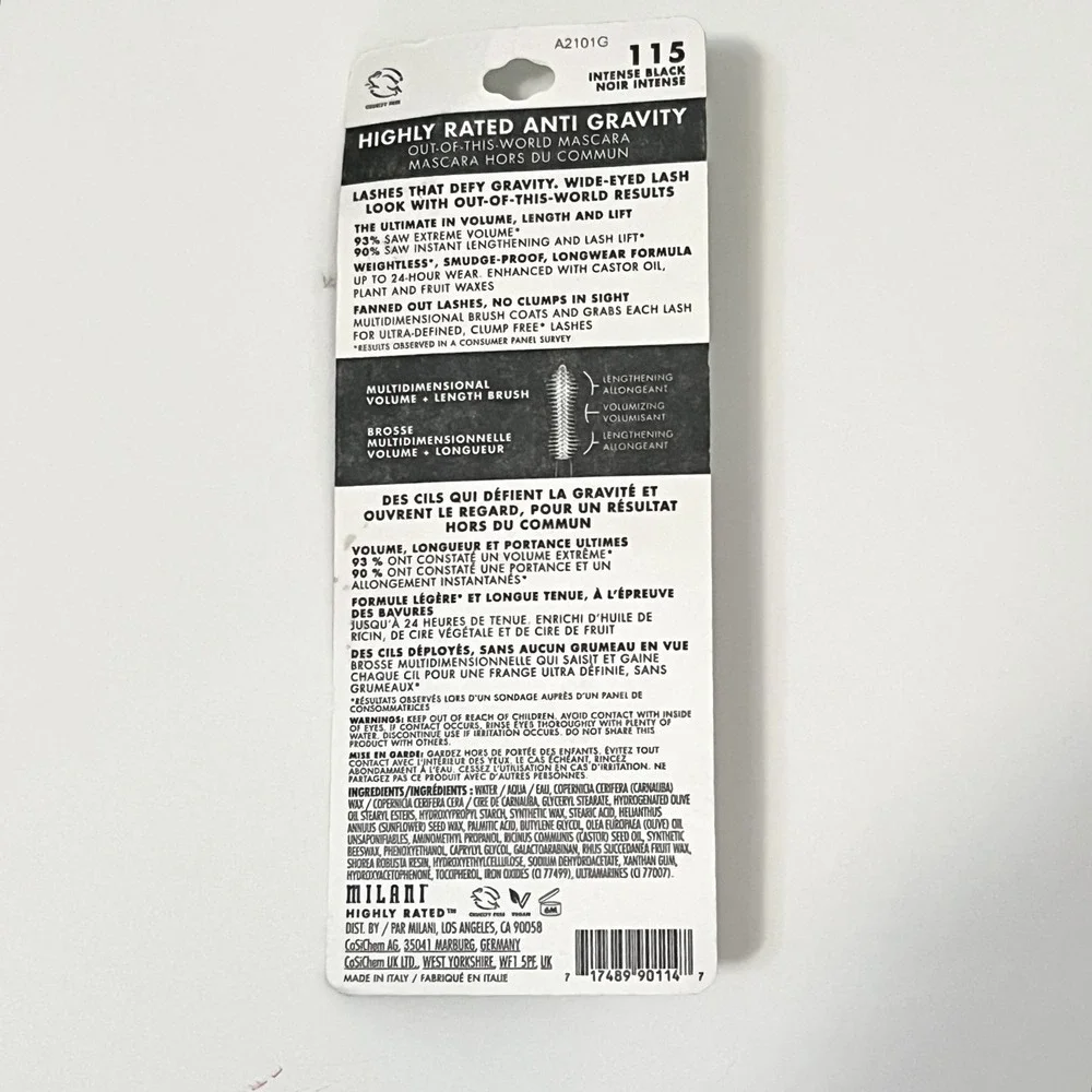 Milani Highly Rated Anti Gravity Mascara Lift Length Volume #115 Intense Black